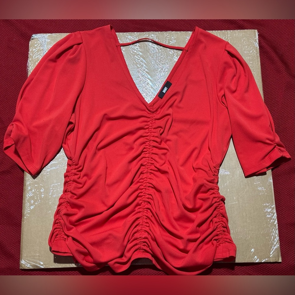 DKNY Red Ruched V-Neck Blouse